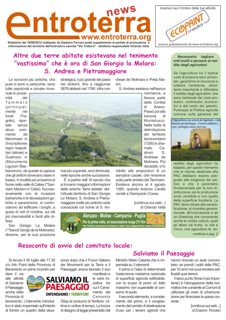 Copertina del notiziario Entroterra News – n. 1 - 2012